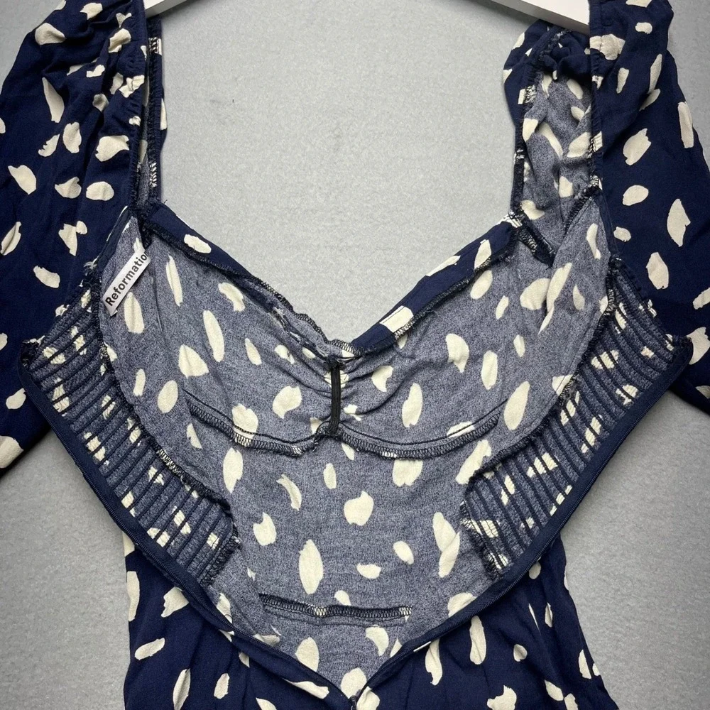 Reformation‎ Cammi Navy Cream Polka Dot Puff Sleeve Mini Dress Size 6